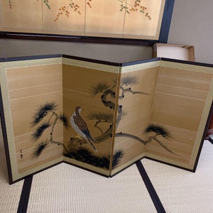 Japanese Antique 2 panel Pine Tree & Bird folding screen Byobu stand