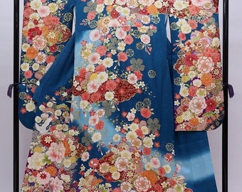 Furisode Kimono, Silk Furisode, Wedding Kimono Dress, Peony Floral Kimono, Japanese Dress Long, Long Kimono Dress, Blue Kimono Robe