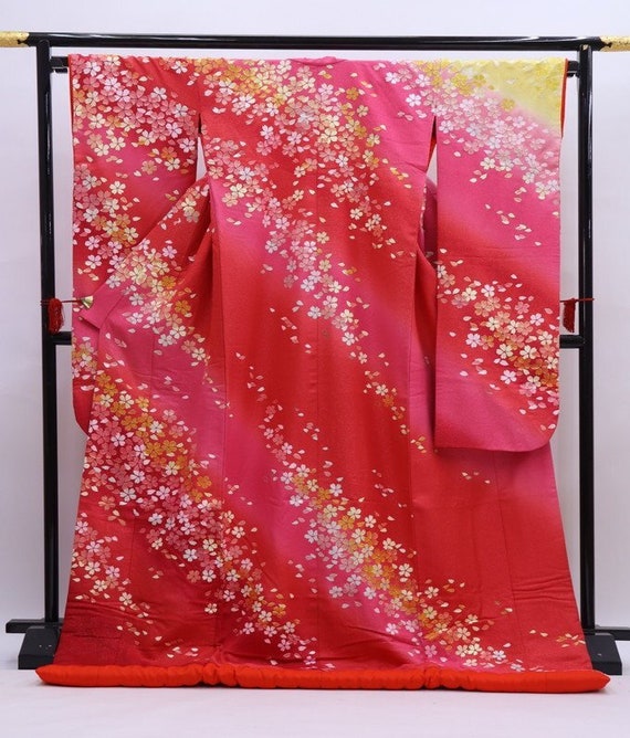 Authentic Kimono Vintage Red Bird, Furisode Red S… - image 1