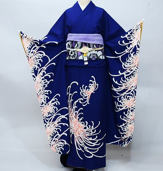Furisode Kimono Silk Furisode Wedding Kimono Dress Blue Kimono Japanese Dress Long Long Kimono Dress Etsy Canada