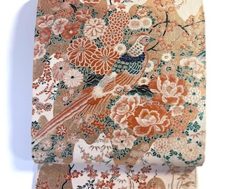 Y923 ヴィンテージ シルク 着物 帯 袋帯 赤 金彩 刺繍/桐 木 竹 菊