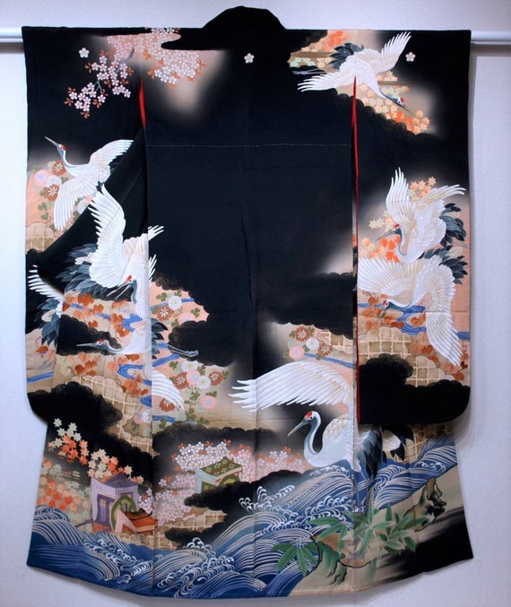 Antique Furisode, Furisode Kimono Black, Silk Furi