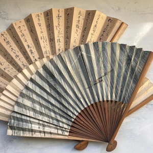 Japanese vintage Sensu Hand fan calligraphy ink art Set of three