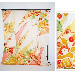 Authentic Vintage Japanese kimono, women Kimono Japanese, Furisode Kimono, Silk Shibori Furisode, Wedding Kimono Dress, Orange Kimono