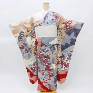 Furisode Kimono Gray, Silk Furisode, Wedding Kimono Dress, Floral Kimono Robe, Vintage Kimono, Long Sleeve Kimono, Silk Kimono Dress, kimono