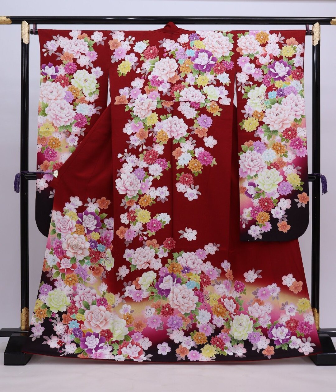 最大15%OFFクーポン 本物の着物ヴィンテージ赤い鳥、振袖赤いシルク、赤い着物 着物・浴衣