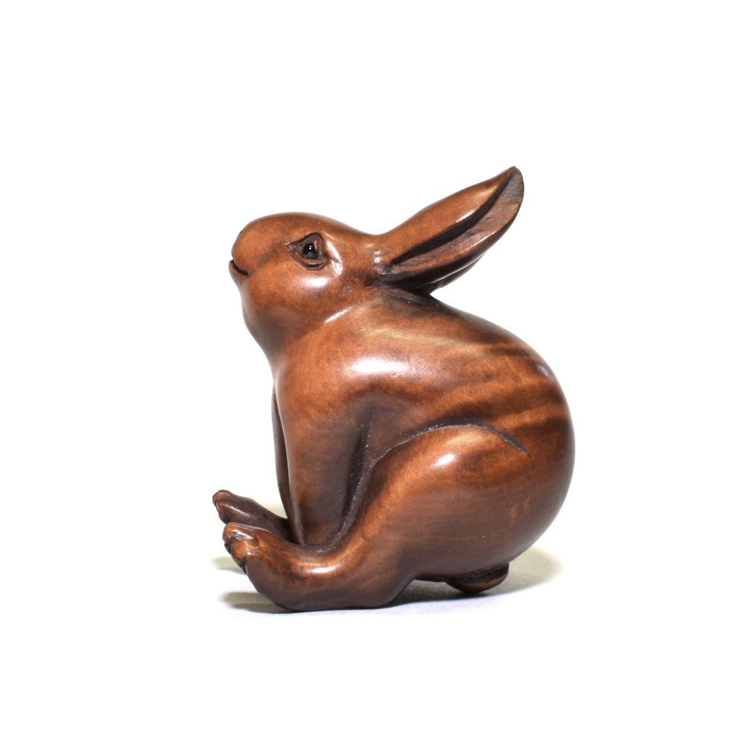 Netsuke Rabbit Dancing Vintage Japanese Handmade Wooden Netsuke, Rabbit Carving Ojime, Zen ...