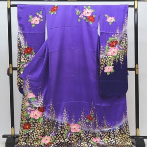 Vintage authentic kimono, Purple Furisode Kimono, Purple Furisode Floral, Kawaii Kimono Robe,