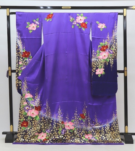 ヴィンテージ本格着物、紫振袖着物、紫振袖花柄、かわいい着物