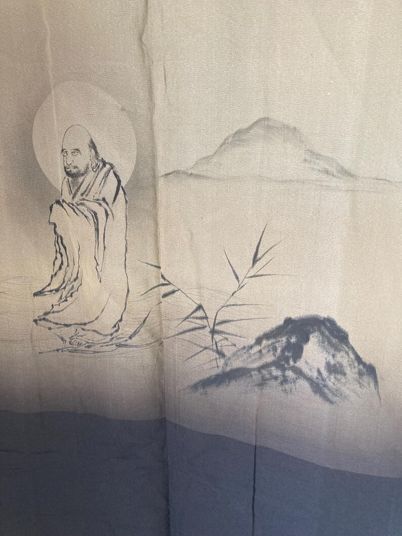 May include: A black and white illustration of a person in a robe sitting in front of a mountain and a bamboo plant. The background is a gradient of light brown to dark blue.