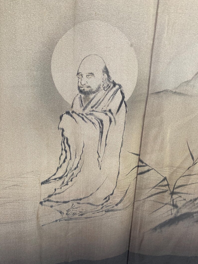 May include: A black and white illustration of a man in a robe sitting with his legs crossed. He is surrounded by a light gray background with a circle behind him.