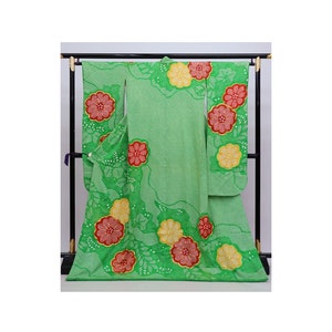 Beautiful Authentic Japanese Furisode Kimono Green, Women kimono japanese, traditional japanese kimono,