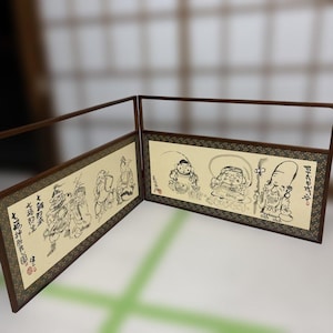 Japanese Antique panel folding screen Byobu stand Ukiyoe