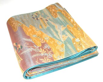 Y181 ヴィンテージ シルク 着物 帯 袋帯 金銀刺繍 / 唐織 雲 四季の花