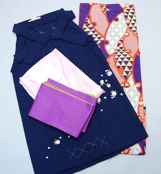 キッズ着物セット、振袖着物と袴、振袖ブルー、レディース着物