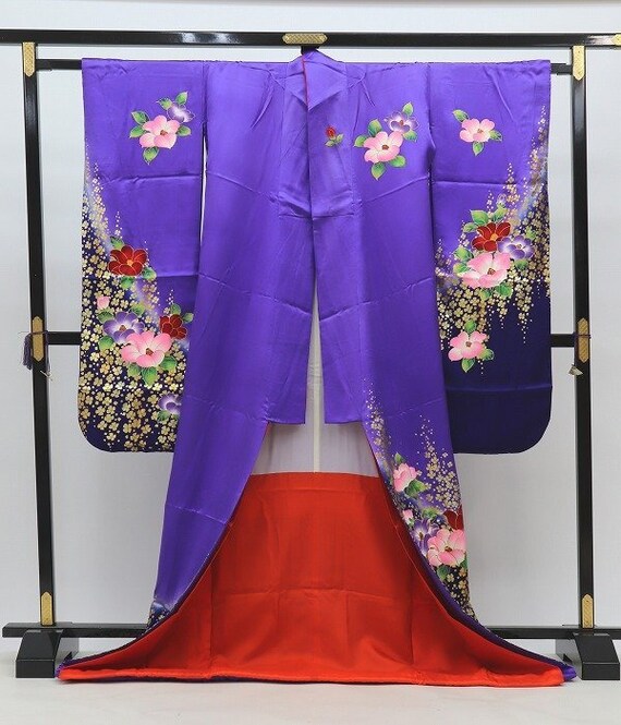 ヴィンテージ本格着物、紫振袖着物、紫振袖花柄、かわいい着物
