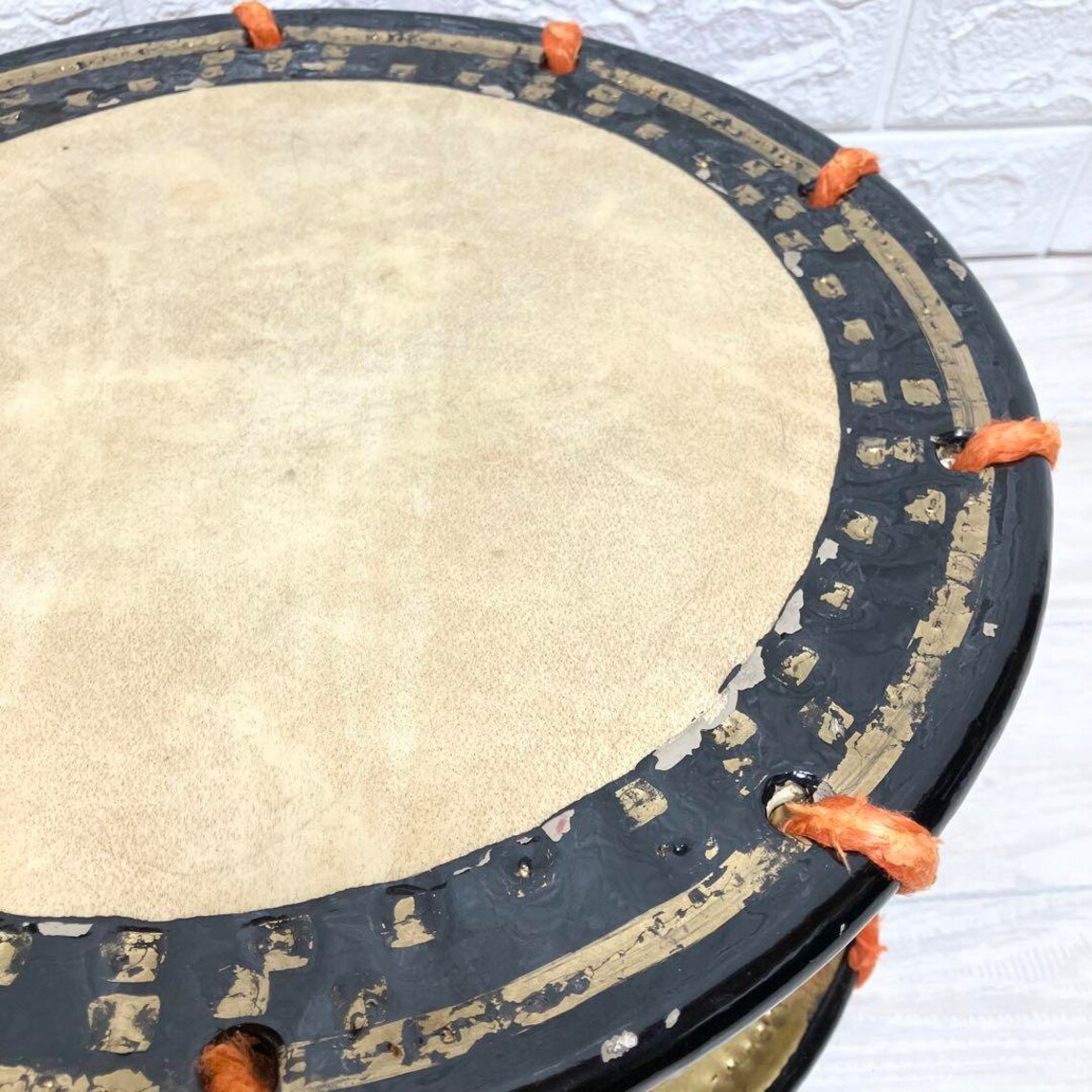 Antique Japanese Instrument small drum high Class Kabuki Dancing Leather Skin, foto 4 di 5