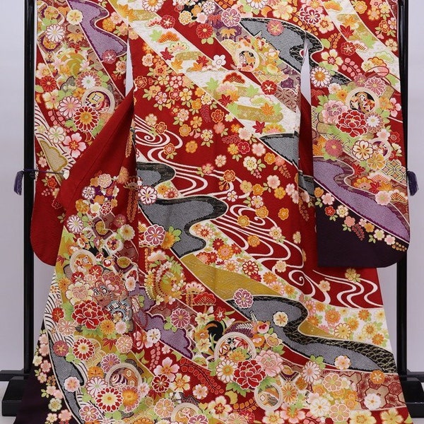 Authentic Kimono Vintage Red Bird, Furisode Red Silk, Red Kimono Vintage, Wedding Kimono Dress, Red Kimono Robe, Floral Kimono Robe