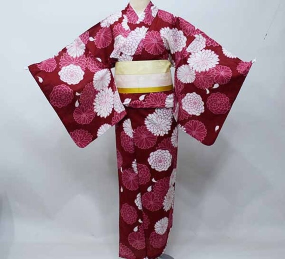 Red Yukata Cotton Kimono Authentic Japanese Robe, Yukata From