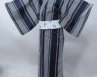 Black Gray Mens Yukata Cotton kimono Authentic Japanese Robe, Yukata from Japan, Cotton House Robe,