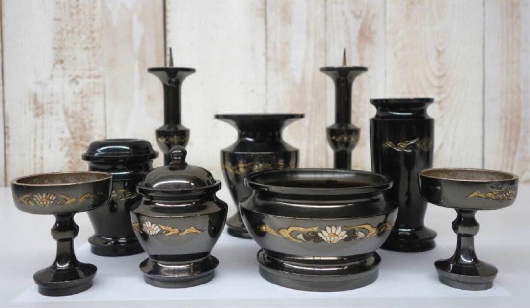 Japanese Vintage Buddhist Altar Ware Set Black Ornament Incense Burner ...