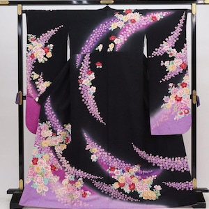 Furisode Kimono, Silk Furisode, Wedding Kimono Dress, Japanese Dress Long, Long Kimono Dress, Black Kimono Robe, Black Kimono Robe,