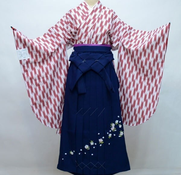 Furisode Kimono & Hakama, Red, Womens Kimono, Vintage Set, Red Blue Hakama