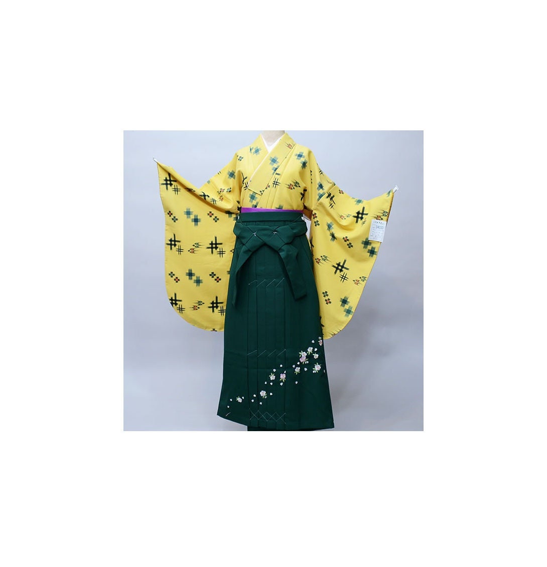 Furisode Kimono & Hakama , Obi Belt, Yellow Furisode Kimono