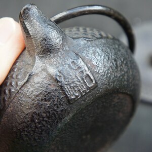 Op de afbeelding: Een zwarte gietijzeren theepot met een deksel en een handvat. De theepot heeft een getextureerd oppervlak en het woord "Japan" is aan de zijkant gestempeld.