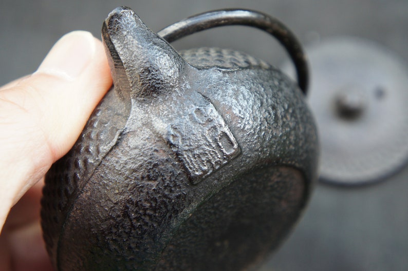 Op de afbeelding: Een zwarte gietijzeren theepot met een deksel en een handvat. De theepot heeft een getextureerd oppervlak en het woord "Japan" is aan de zijkant gestempeld.