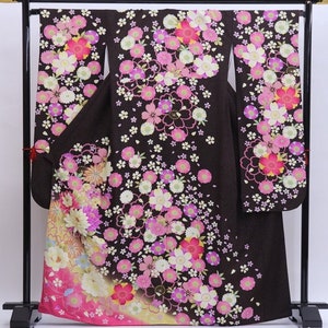 Furisode Kimono Black, Silk Furisode, Wedding Kimono Dress, Black Kimono Robe, Vintage Kimono, Kimono Mom, Kimono Girl,