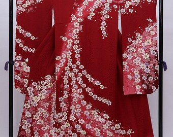 Authentic Kimono Vintage Red Bird, Furisode Red Silk, Red Kimono Vintage, Wedding Kimono Dress, Red Kimono Robe, Floral Kimono Robe