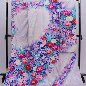 Vintage authentic kimono, Purple Furisode Kimono, Purple Furisode Floral, Kawaii Kimono Robe,