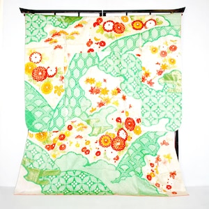 Vintage Shibori kimono, Green Furisode Kimono, Silk Furisode, Green Furisode Floral, Kawaii Kimono Robe