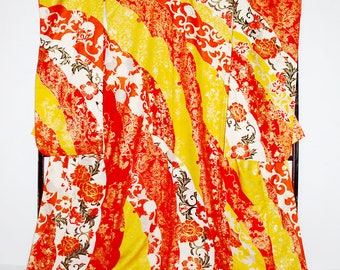 Furisode Kimono, Silk Furisode, Bröllop Kimono Furisode, Orange Kimono Robe, Yellow Kimono Robe, krysantemum Kimono,