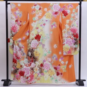 Furisode Kimono, Silk Furisode, Wedding Kimono Floral, Japanese Dress Long, Long Kimono Sleeves, Orange Kimono Robe, Vintage Kimono