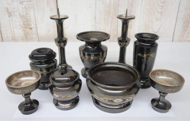 Japanese Vintage Buddhist Altar Ware Set Black Ornament Incense Burner ...