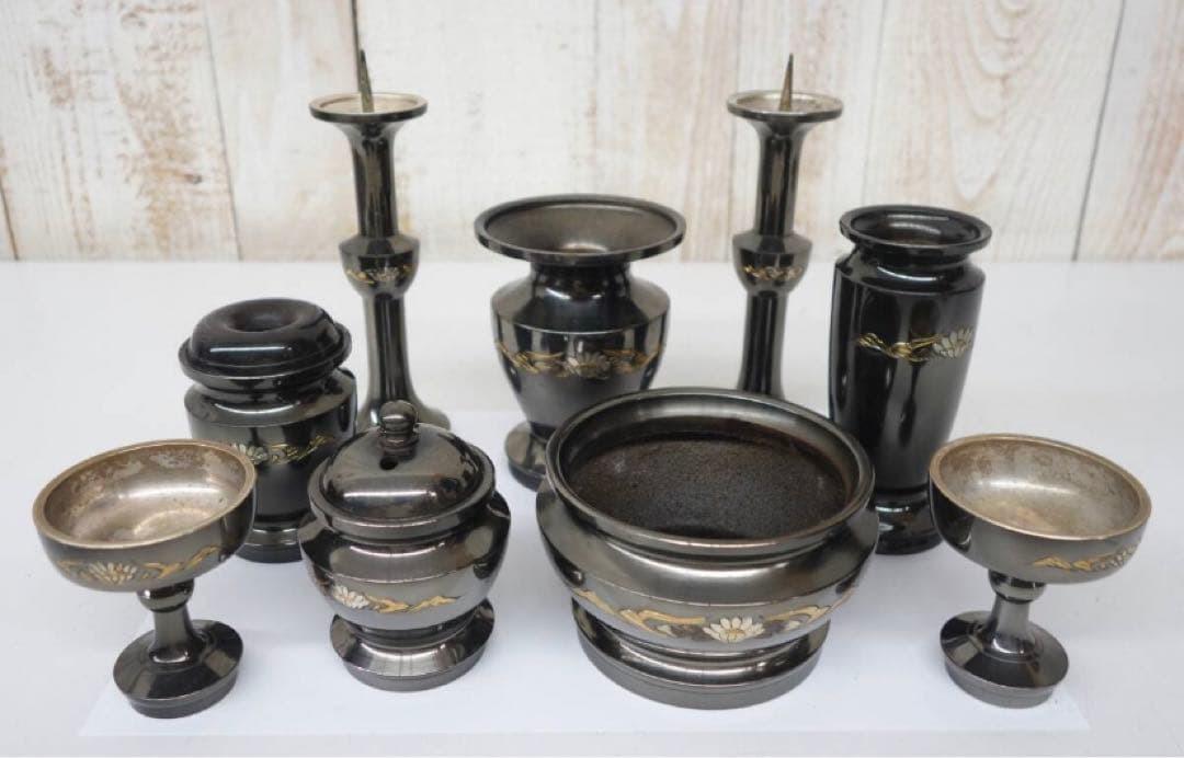 Japanese Vintage Buddhist Altar Ware Set Black Ornament Incense Burner ...