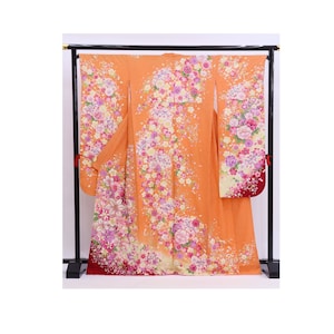 Furisode Kimono, Silk Furisode, Wedding Kimono Floral, Japanese Dress Long, Long Kimono Sleeves, Orange Kimono Robe, Vintage Kimono