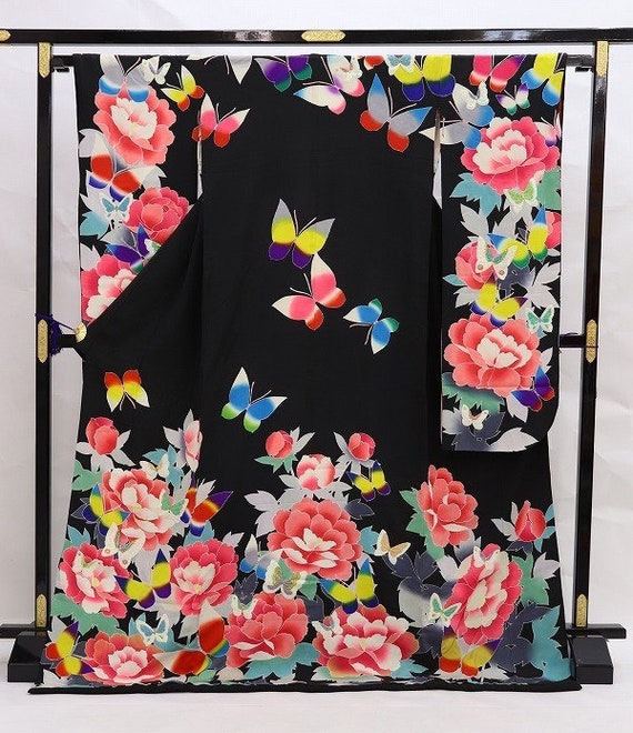 Furisode Kimono Black, Silk Furisode, Wedding Kimo