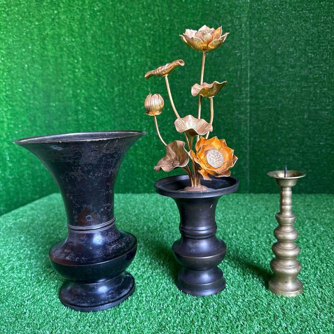 Japanese Vintage Buddhist Altar Ware Set Flower Brass Ornament Candle ...