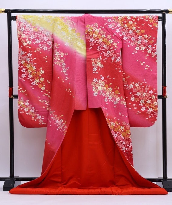 Authentic Kimono Vintage Red Bird, Furisode Red S… - image 7