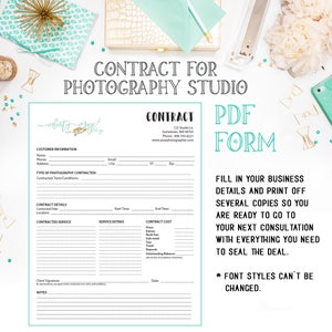 Pode incluir: Um formulário de contrato branco para um estúdio de fotografia com o título "Contrato para estúdio de fotografia" e "Formulário PDF" em uma caixa azul turquesa. O formulário inclui seções para informações do cliente, o tipo de fotografia contratada, os detalhes do contrato, o serviço contratado, os extras do serviço, o custo do contrato, a assinatura do cliente e as notas.