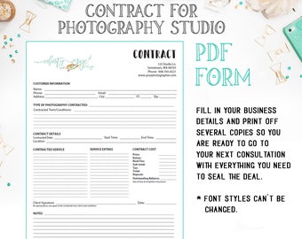 PDF - Studiofotografie Vertragsvorlage für Hochzeits-, Portrait oder Eventfotografen - Ausfüllbares Adobe Acrobat Reader DC Form - INF107BPDF