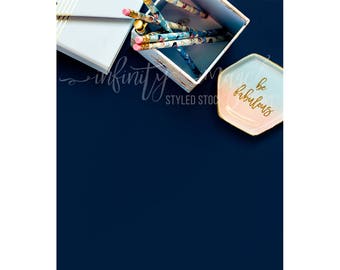 Blue Vertical Styled Stock Product Photography Background w/Pink Notebook & Journal, Pens, Wallet, Jewelry Holder / High Res File #INF122SS