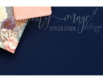 Blue Horizontal Styled Stock Product Photography Background w/Pink Notebook, Journal, Pens, Wallet, Jewelry Holder / High Res File #INF116SS