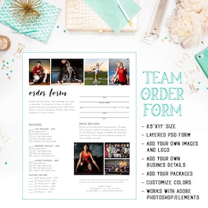 Peut inclure: Un formulaire de commande d'équipe pour une entreprise de photographie sportive. Le formulaire comprend une variété d'options de forfaits, d'options supplémentaires et de personnalisation. Le formulaire est conçu pour être utilisé avec Adobe Photoshop ou Elements.