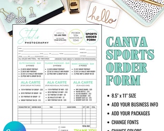 Schul- oder Liga-Sportfotografie-Bestellformular zum sofortigen Download als vollständig bearbeitbare Canva-Vorlage verfügbar - INF127BF