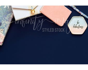 Blue Horizontal Styled Stock Product Photography Background w/Pink Notebook, Journal, Pens, Wallet, Jewelry Holder / High Res File #INF120SS