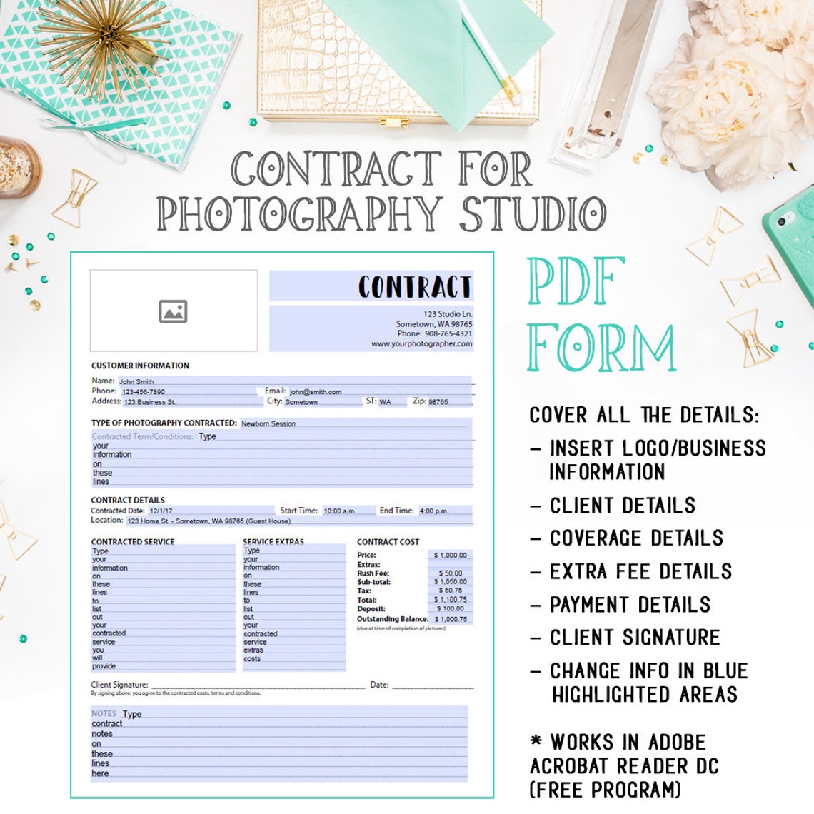 PDF Studio Photography Contract Template for Wedding, Portrait or